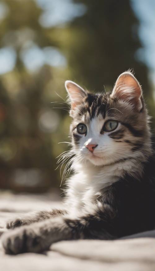 Um gatinho adorável com pelo preto e bolinhas brancas descansando ao sol.