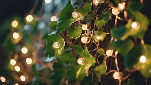 Fairy lights adorning a thick and bushy ivy plant in the evening.