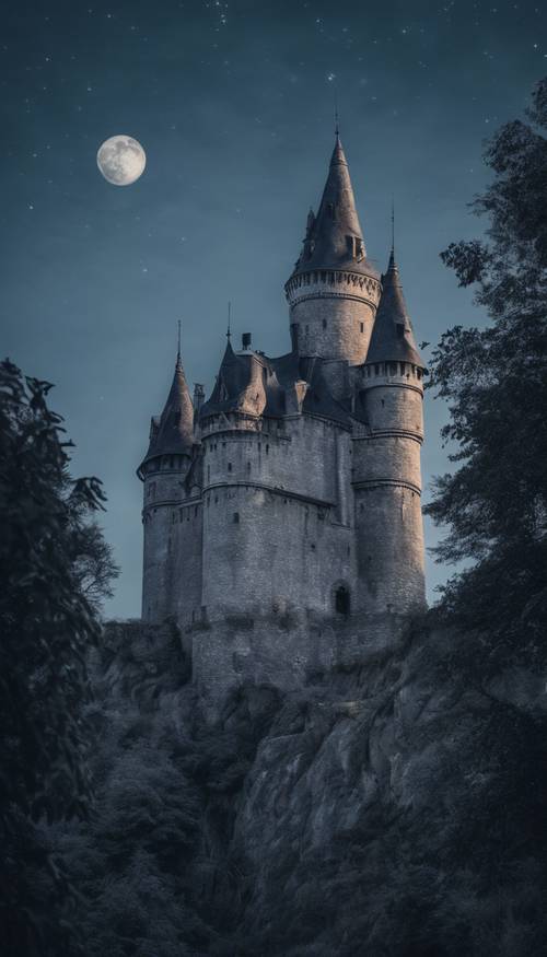 Kastil abu-abu tua di bawah langit biru yang diterangi cahaya bulan.
