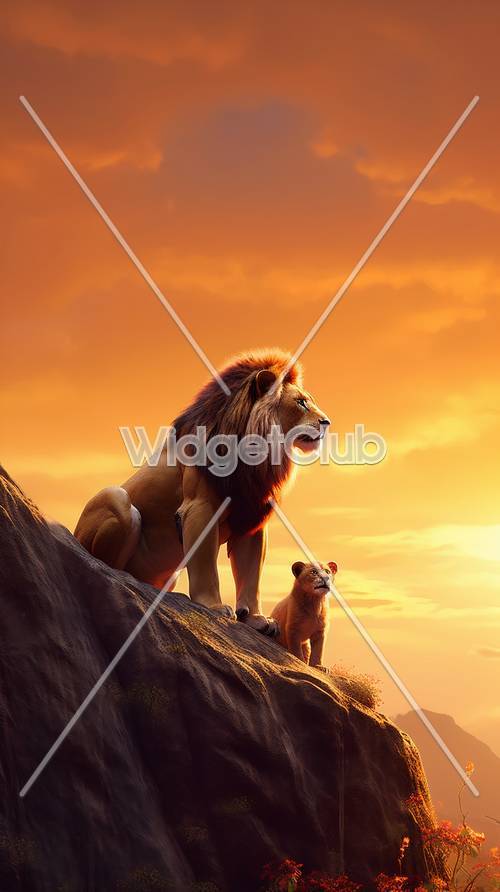 夕日に輝く雄獅子と子獅子の壁紙