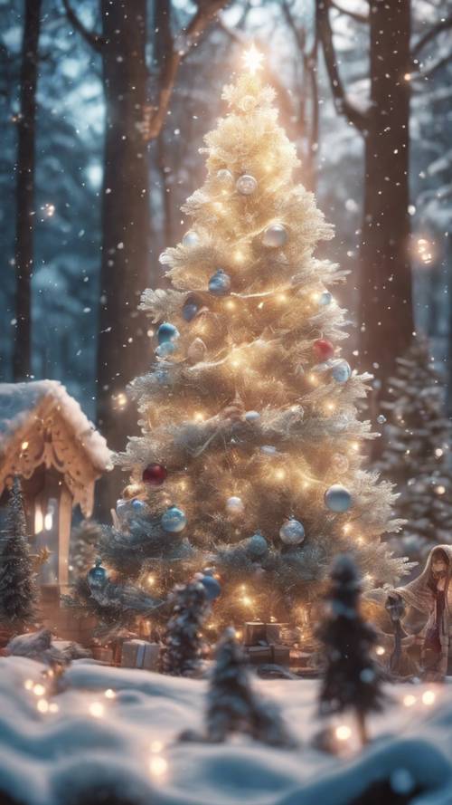 סצנת חג המולד אנימה קסומה עם עץ חג המולד זוהר בתוך יער קסום מכוסה שלג מוקף ביצורים מיסטיים.