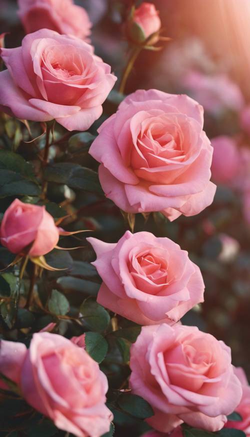 لقطة مقربة من الورود الوردية النابضة بالحياة، التي تتفتح حديثًا تحت أشعة الشمس الصباحية الناعمة.