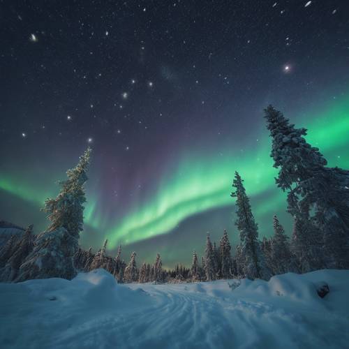 Cena serena de inverno com pinheiros cobertos de neve sob a aurora boreal na noite estrelada.