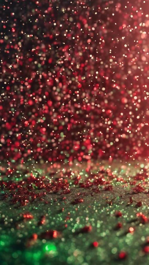 De minuscules particules de paillettes vertes et rouges dispersées au hasard