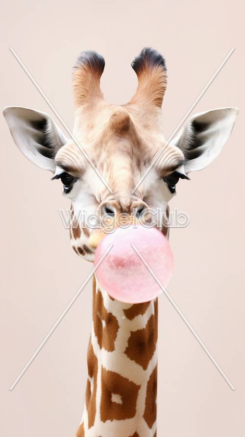 Giraffa che soffia una bolla rosa