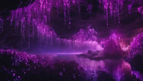 Una ola de agua violeta brillante en una caverna subterránea iluminada por plantas bioluminiscentes.