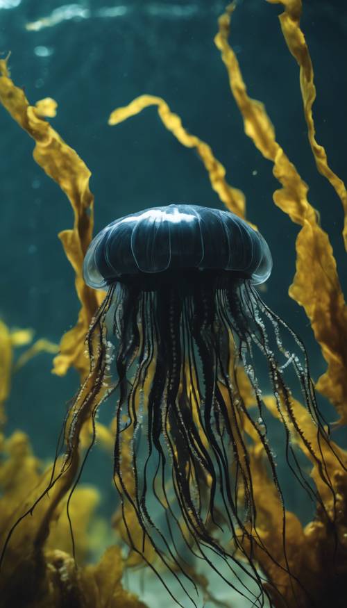 A black medusa jellyfish gracefully dancing through kelp forest Tapeta [ea4969e3b4ae48fe9083]