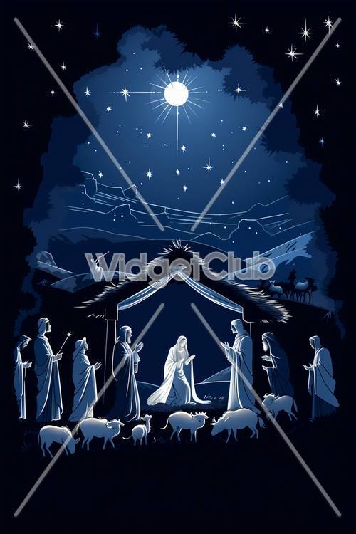 夜间耶稣降生场景与明亮的星星和动物