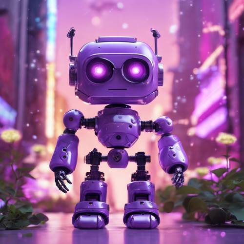 Ilustrasi kawaii robot ungu dalam suasana futuristik.