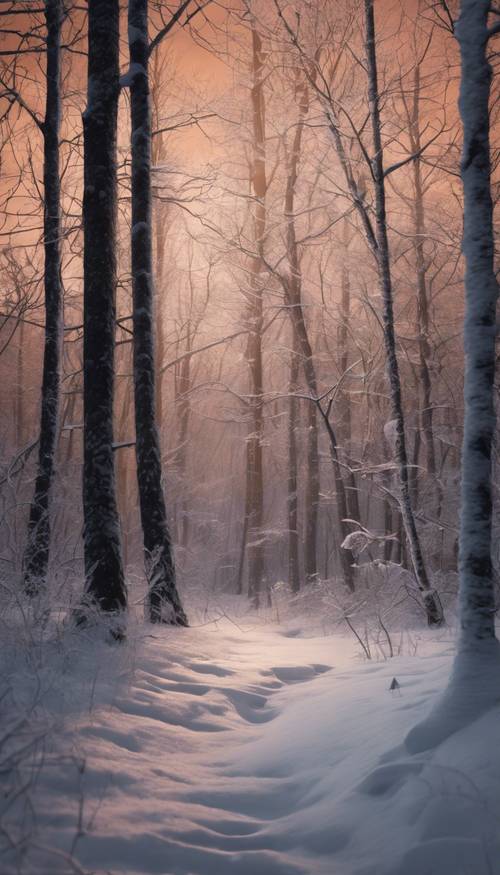 Una misteriosa e graziosa foresta durante una notte invernale innevata, abbellita dal tenue chiarore della luna.