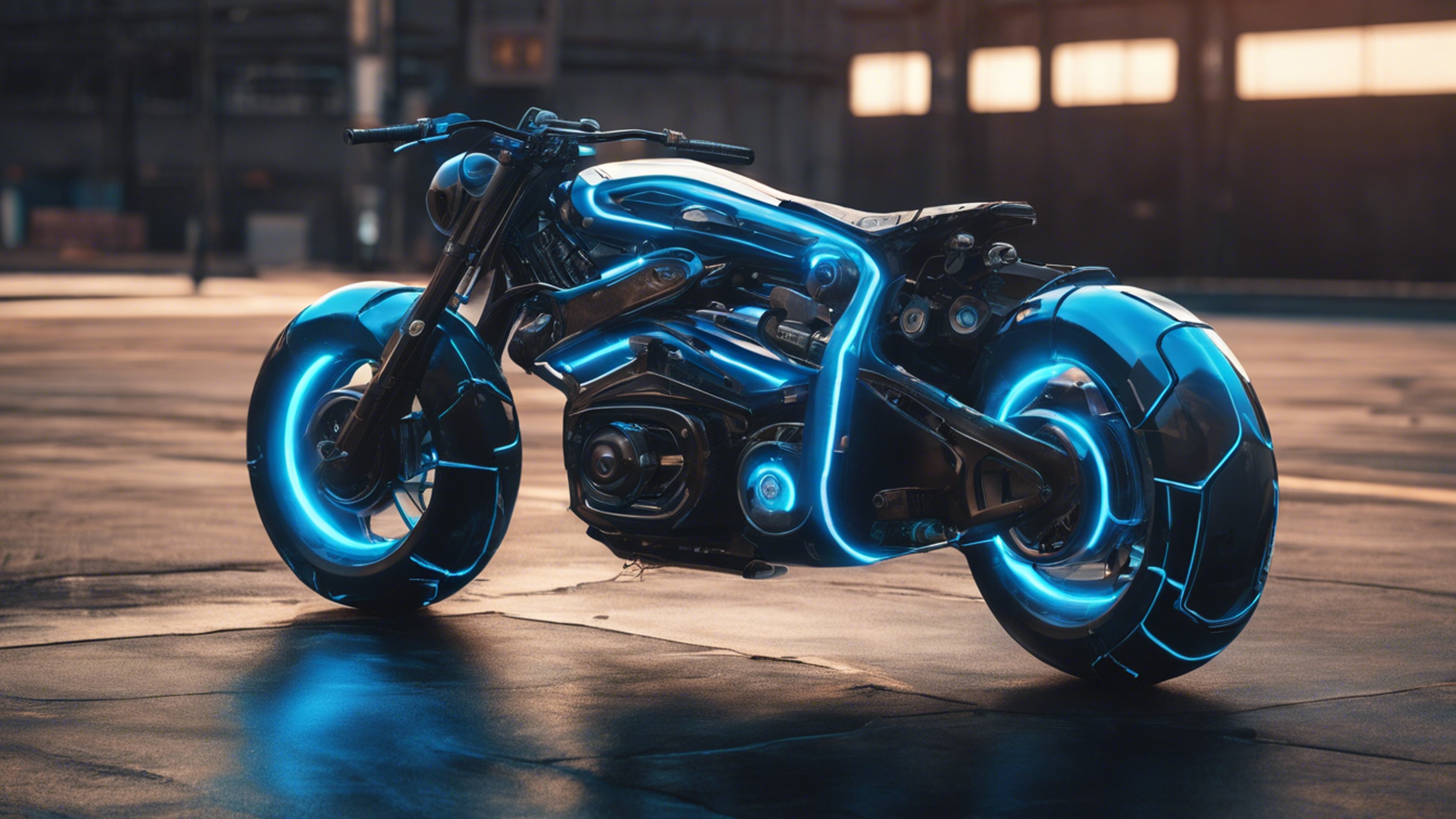 A concept art of a cool futuristic motorcycle, designed in neon black and blue colors. Tapeet[616cf7a0093641f39ad2]