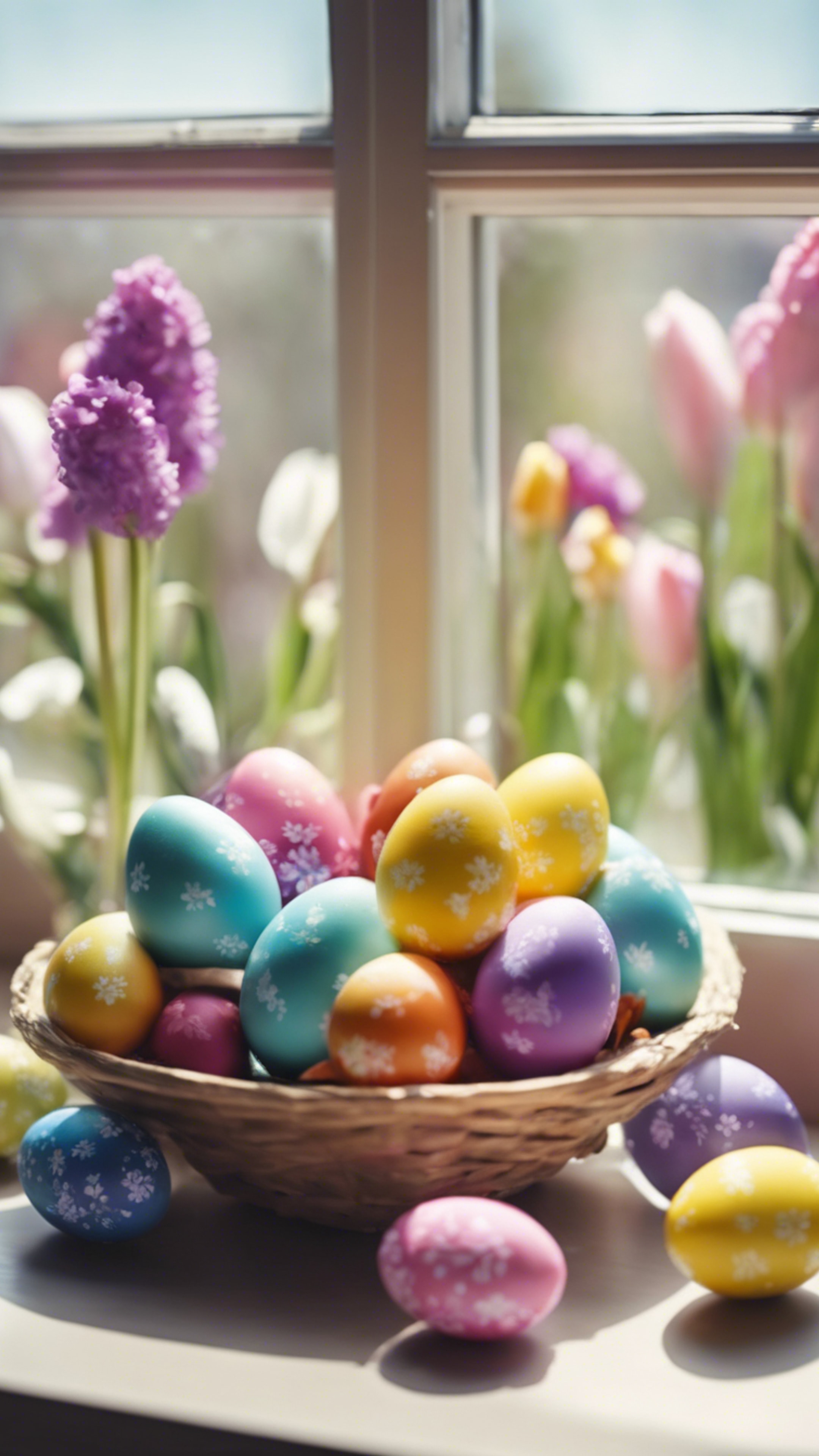 Rainbow Easter eggs displayed on a sunny windowsill among fragrant spring flowers. Tapeta[d79aa761c1b244c3af52]