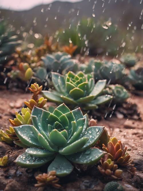 La pioggia danza sulle foglie di una serie di piante grasse in un paesaggio desertico.