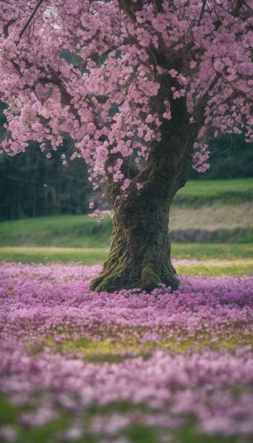 Uma cerejeira solitária cheia de flores roxas no meio de um campo verdejante.