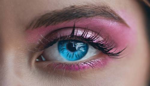特写镜头：一位女士的眼睛，眼影由粉色变为蓝色。