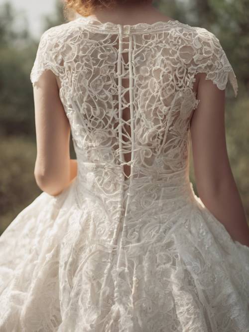 A close-up of a textured white lace antique wedding dress.