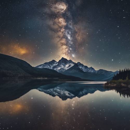 A Via Láctea visível sobre um lago sereno com uma cordilheira ao fundo.