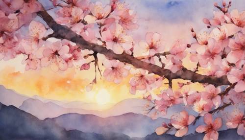 Lukisan cat air gaya Oriental berupa bunga sakura yang mekar penuh melawan matahari terbenam.