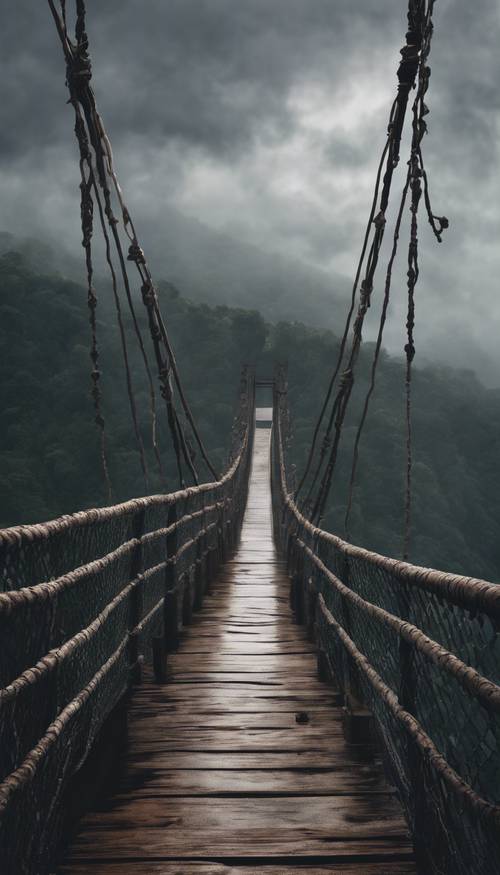 Sebuah jembatan gantung reyot terbentang di jurang yang gelap dan menakutkan di bawah langit yang penuh badai.