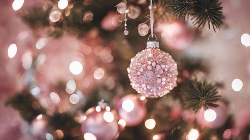 An elegant Christmas tree laden with crystal clear and soft pink ornaments.