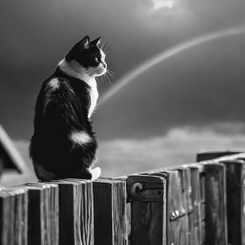 Seekor kucing hitam putih duduk di pagar kayu, menyaksikan pelangi yang indah setelah hujan ringan.