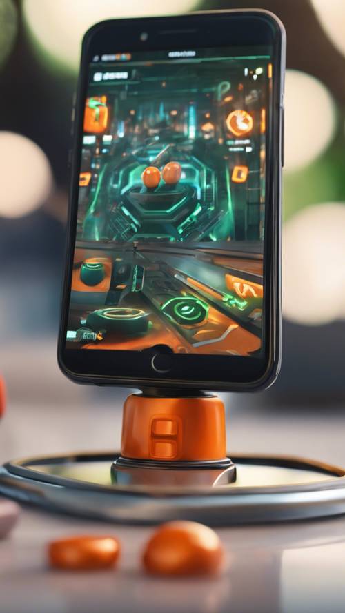 Une icône d&#39;application de jeu mobile comportant un joystick orange vif ainsi qu&#39;un bouton vert « démarrer ».