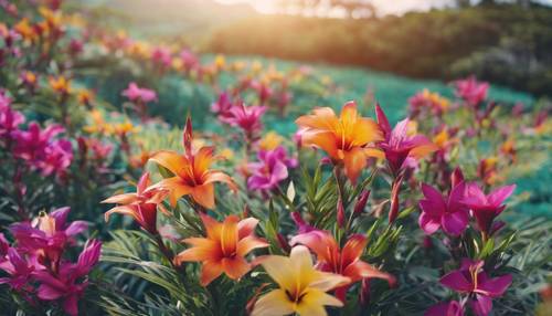 ภูมิทัศน์ดอกไม้ฮาวายที่มีดอกไม้เมืองร้อนหลากสีสันแผ่กระจายไปทั่วทุ่งใต้ท้องฟ้าแจ่มใส