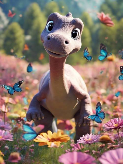 Brontosaurus yang lucu dan memerah di padang bunga bermain dengan kupu-kupu berwarna-warni.