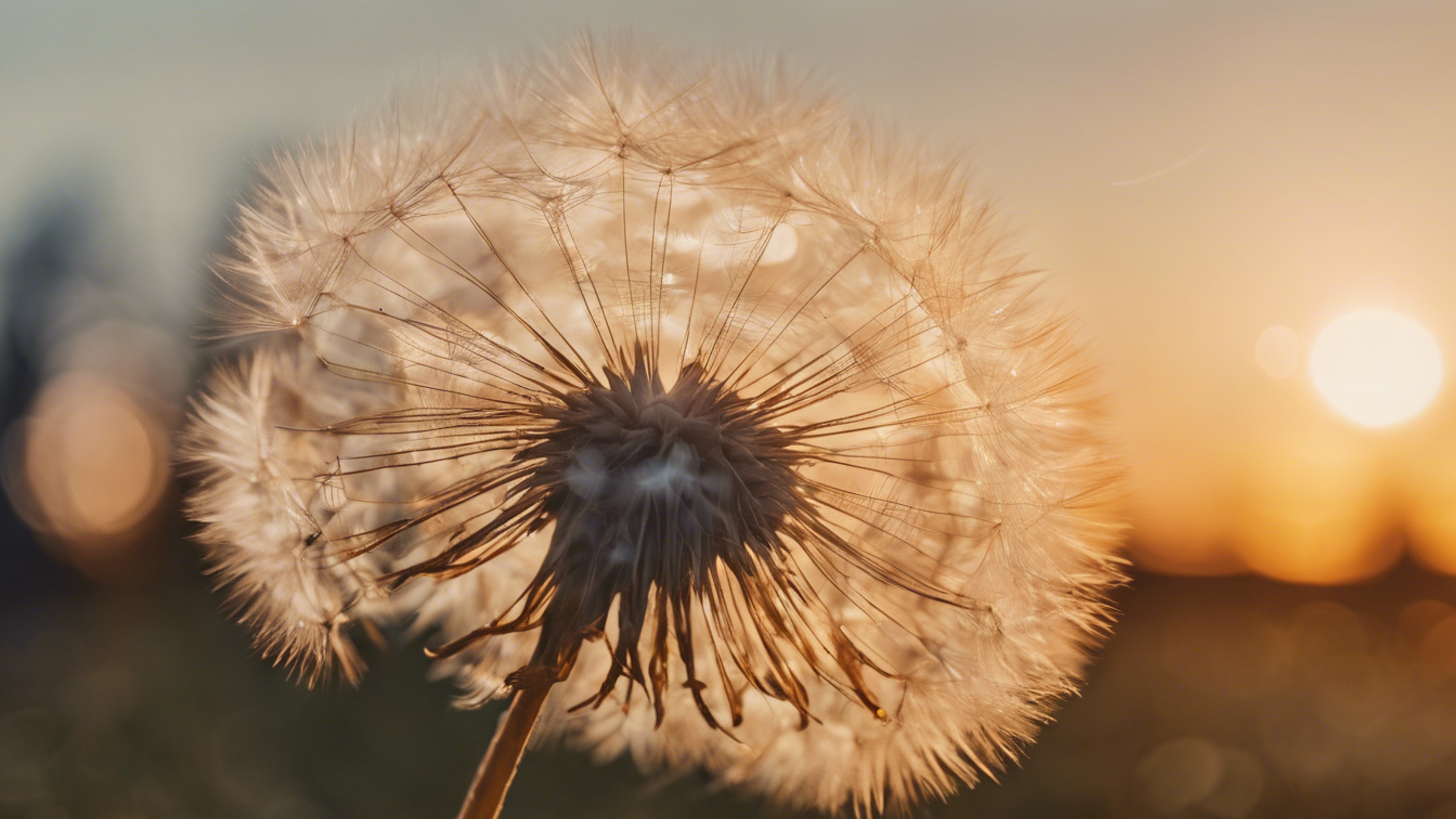 Dandelion seeds being blown in the wind against a sunset backdrop.壁紙[f47338b3f76f4b75b258]