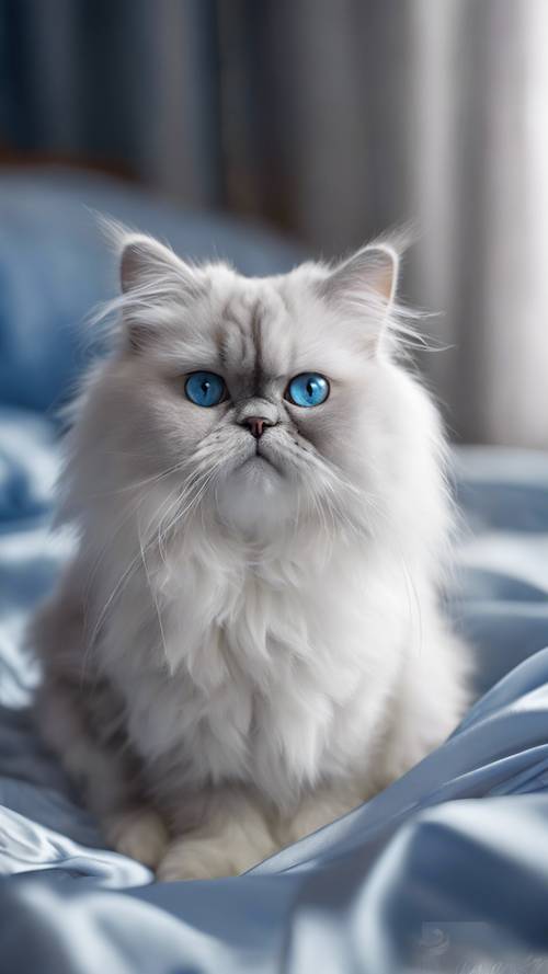 A silver-white Persian cat, with dazzling blue eyes, comfortably snuggled in silver silk sheets.