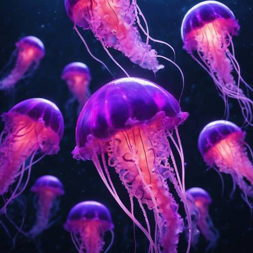 Una variedad de medusas de color púrpura neón flotando con gracia en las frías y oscuras profundidades del océano.