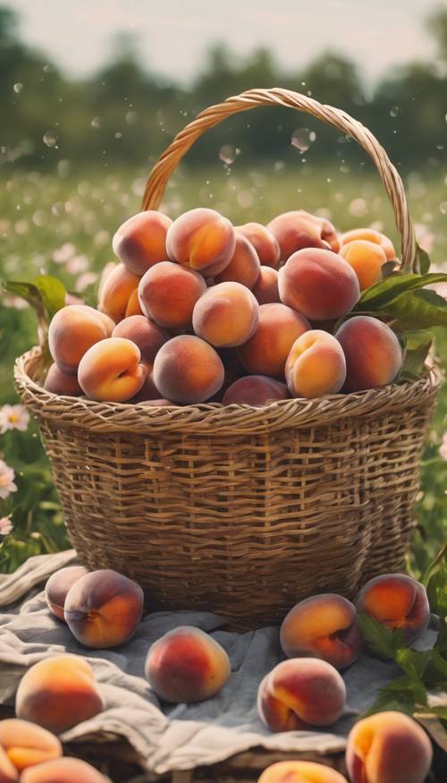 A vintage painting of a basket filled with freshly picked peaches covered in dew, sitting in a meadow full of blooming wildflowers.
