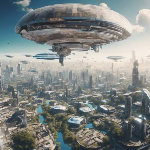 A panorama of a futuristic city during a sunny day, with floating platforms above the clouds.