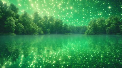 遠くの緑色の星が輝く穏やかな光る青い湖のファンタジーイメージ