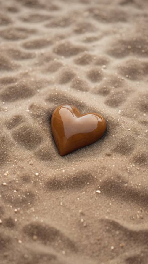 A brown heart-shaped stone lying on a sandy beach with tiny waves lapping over it.