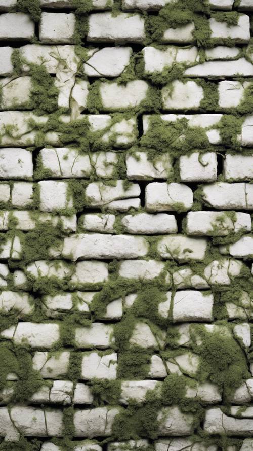 Một bức tường gạch có kết cấu màu trắng kiểu cũ với những vết nứt và rêu.