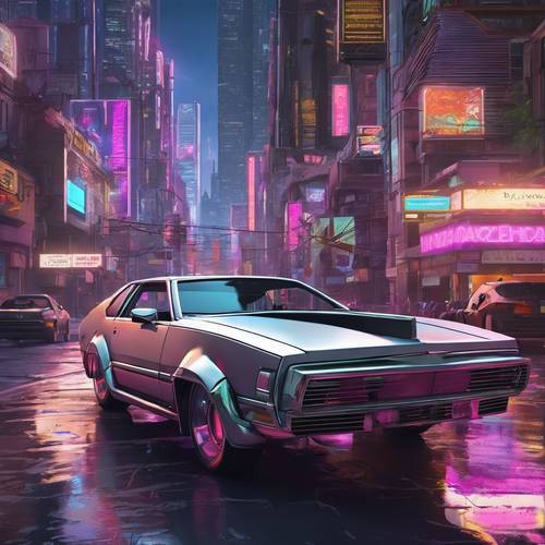 Um carro prateado metálico com estilo cyberpunk, viajando por uma cidade movimentada durante o crepúsculo.
