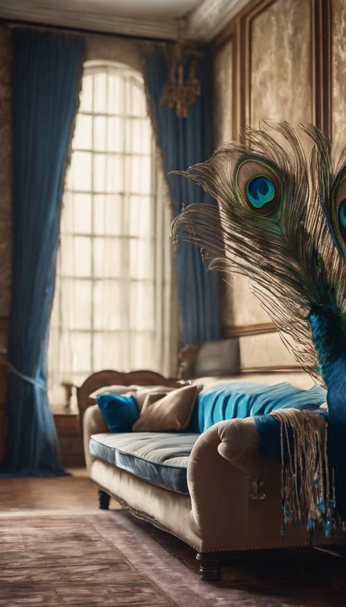 Una habitación antigua llena de un sofá beige y cortinas a juego, con un toque de azul a través de un cojín de plumas de pavo real.