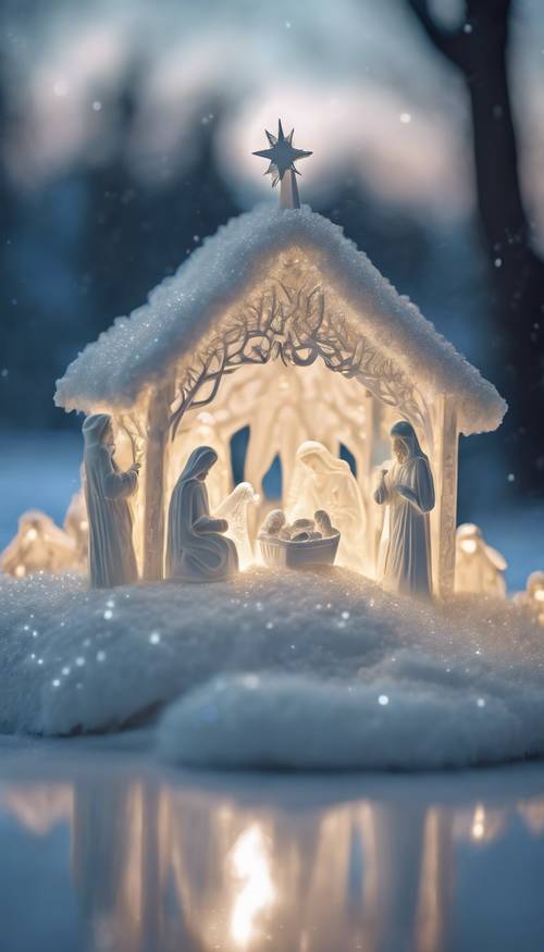 A serene nativity scene carved out of white, sparkling ice sculptures, glowing majestically under the moonlight. Wallpaper [d26289b680fa4b9ba485]