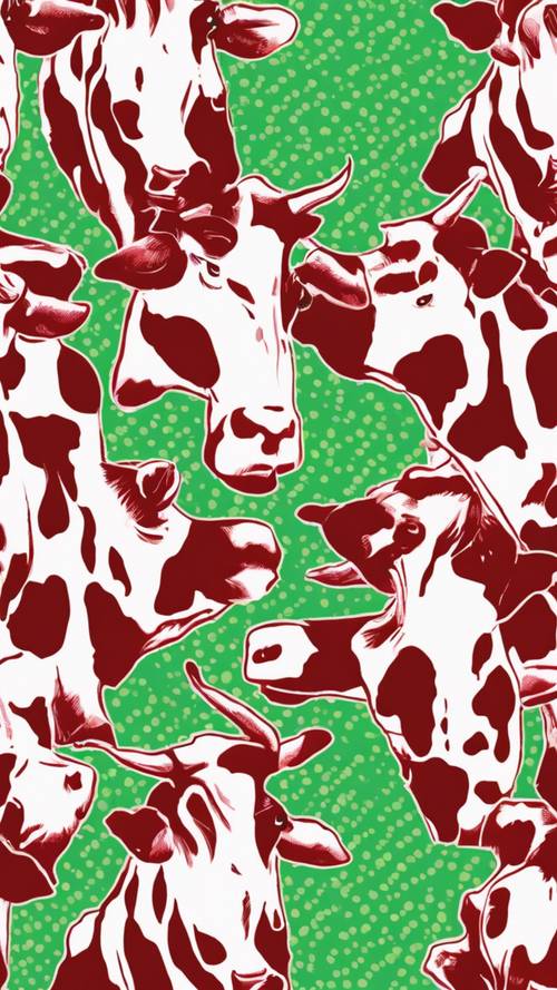 Bezszwowy wzór krowy w żywych odcieniach czerwieni i wiosennej zieleni.