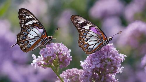 보라색과 흰색 날개를 가진 제왕나비, 라일락 꽃 위에 섬세하게 자리잡고 있습니다.