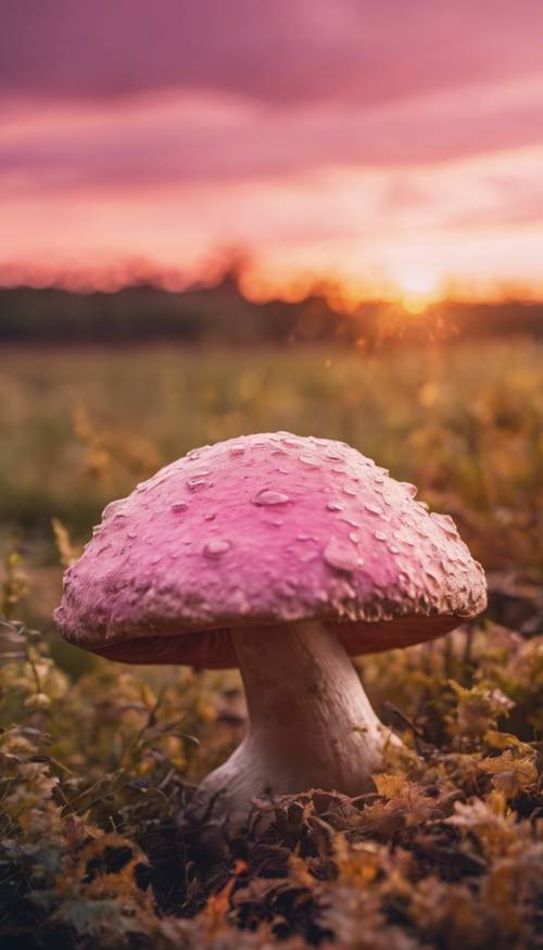 Um pôr do sol dourado ao fundo destacando um grande cogumelo rosa.