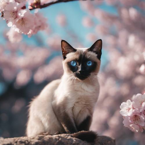 A romantic cherry blossom sky behind a Siamese cat's secretive spring rendezvous.