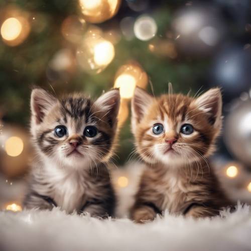 Two small kittens watching with wide-eyed curiosity as holiday ornaments glimmer in the New Year's light. Kertas dinding [a5ebbf75ba9541c68faf]