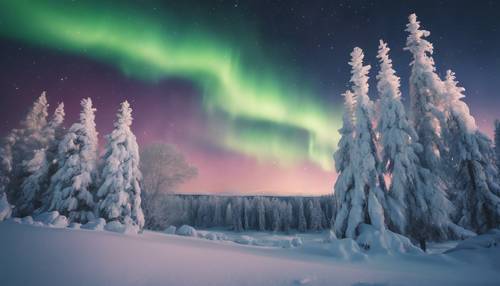 A winter wonderland with snow-draped pine trees shimmering under the northern lights.