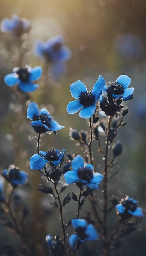 Hafif bir esintiyle sallanan gizemli siyah ve mavi çiçeklerden oluşan bir küme.