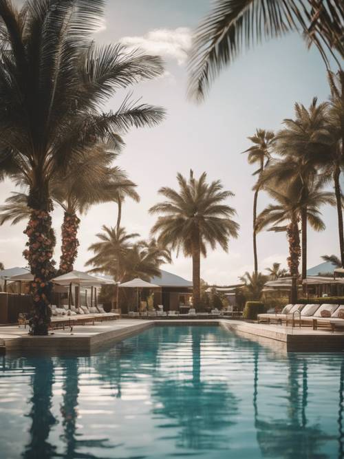 A luxury resort pool with a pool bar and palm trees