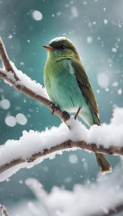 A sea-green bird chirping melodiously atop a snow-covered branch in a tranquil winter setting.
