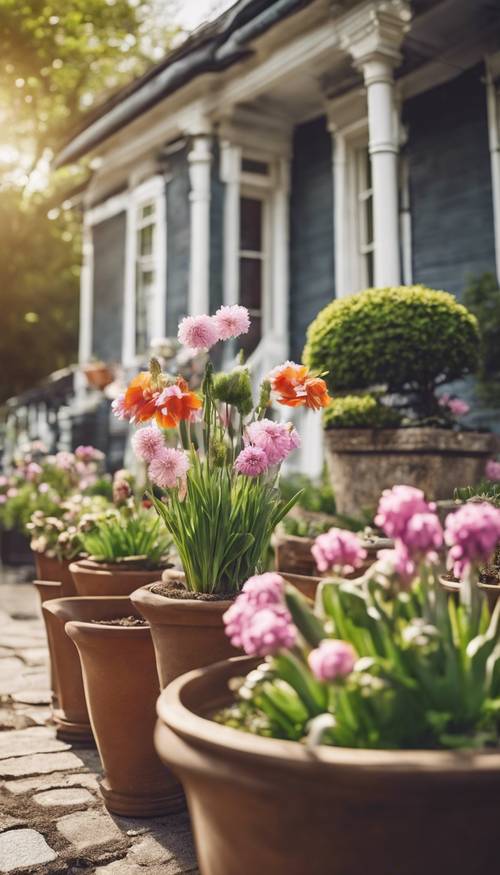 Fleurs printanières en fleurs dans des pots traditionnels avec une maison victorienne en arrière-plan.