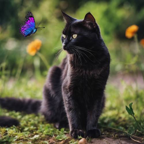 Um gato de pêlo escuro com uma única pata estendida, como se fosse dar um tapa de brincadeira em uma borboleta de cores vivas.